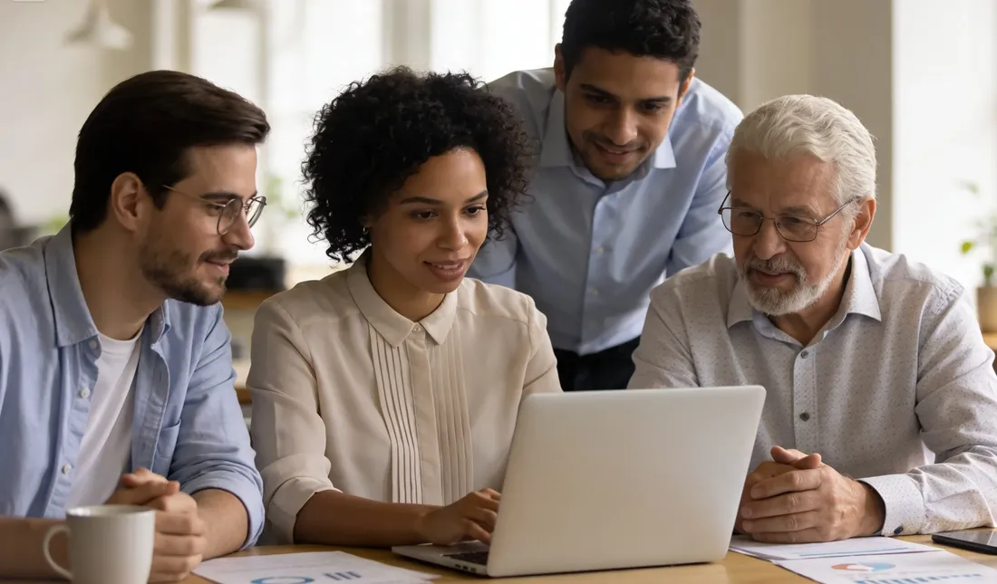 Quatre personnes regardent ensemble un ordinateur portable et des documents