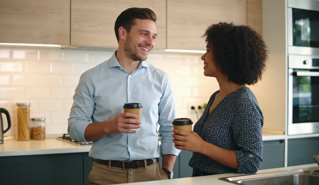 Deux personnes qui discutent avec une tasse de café dans une cuisine